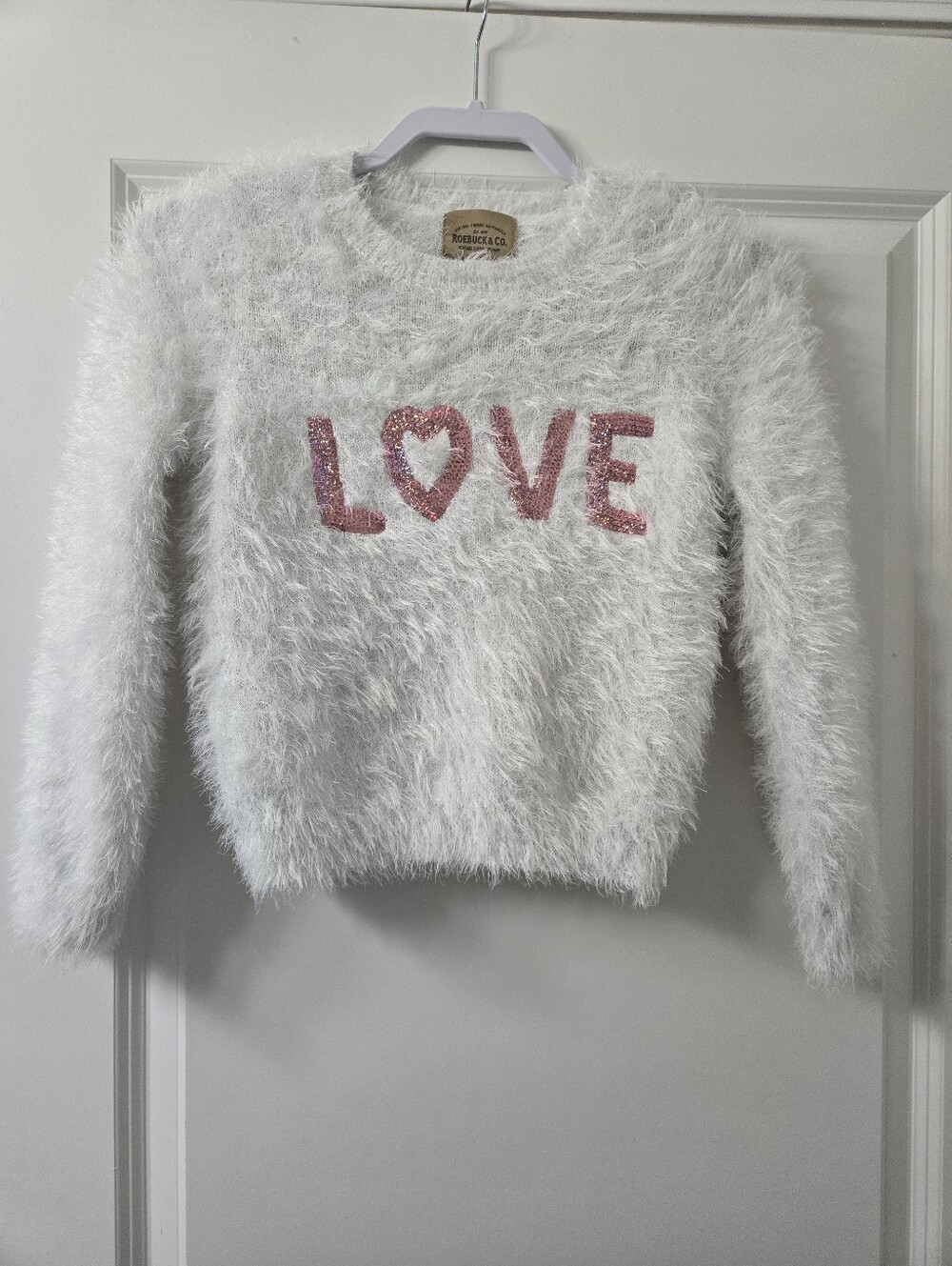 Roebuck &‎ Co Girls White Fuzzy Eyelash Knit LOVE Pink Glitter Sweater Small 7/8